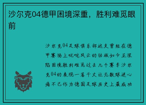 沙尔克04德甲困境深重，胜利难觅眼前