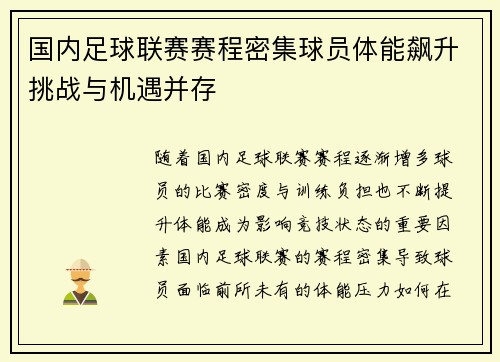 国内足球联赛赛程密集球员体能飙升挑战与机遇并存