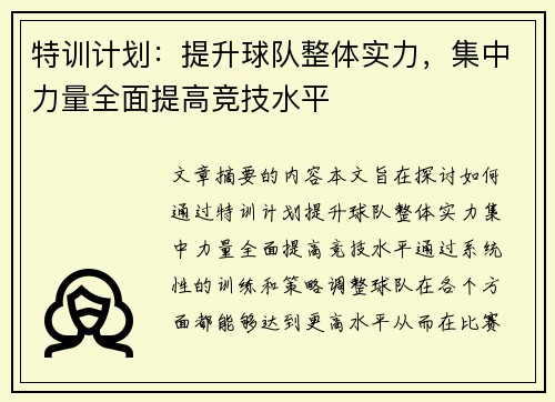 特训计划：提升球队整体实力，集中力量全面提高竞技水平
