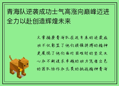 青海队逆袭成功士气高涨向巅峰迈进全力以赴创造辉煌未来