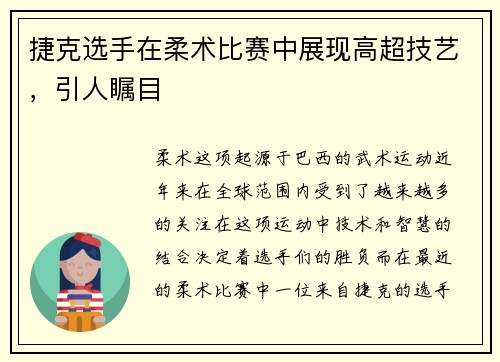 捷克选手在柔术比赛中展现高超技艺，引人瞩目