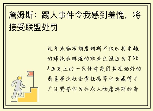 詹姆斯：踢人事件令我感到羞愧，将接受联盟处罚