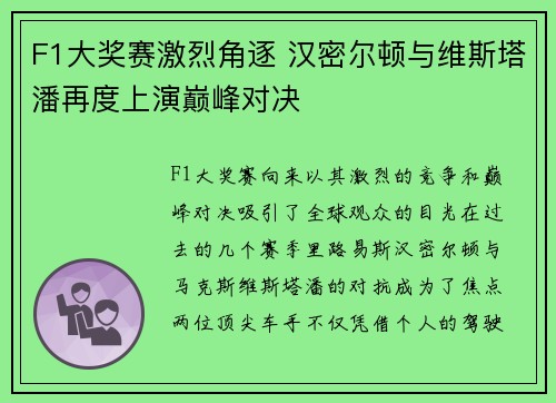 F1大奖赛激烈角逐 汉密尔顿与维斯塔潘再度上演巅峰对决