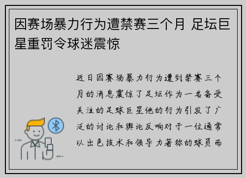 因赛场暴力行为遭禁赛三个月 足坛巨星重罚令球迷震惊