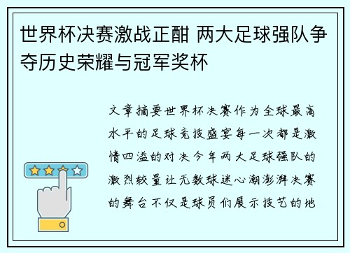 世界杯决赛激战正酣 两大足球强队争夺历史荣耀与冠军奖杯