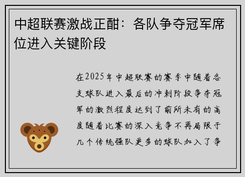 中超联赛激战正酣：各队争夺冠军席位进入关键阶段