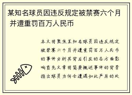 某知名球员因违反规定被禁赛六个月 并遭重罚百万人民币