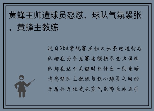 黄蜂主帅遭球员怒怼，球队气氛紧张，黄蜂主教练