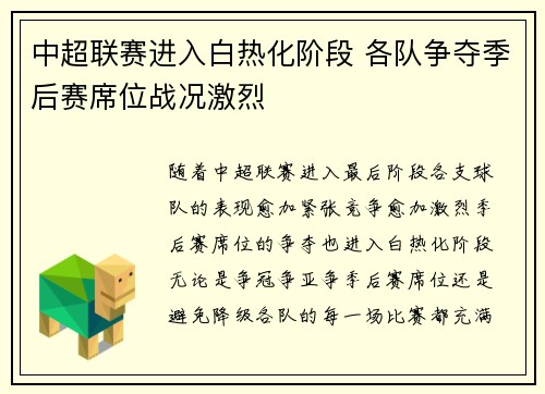 中超联赛进入白热化阶段 各队争夺季后赛席位战况激烈