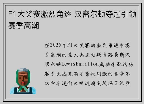 F1大奖赛激烈角逐 汉密尔顿夺冠引领赛季高潮